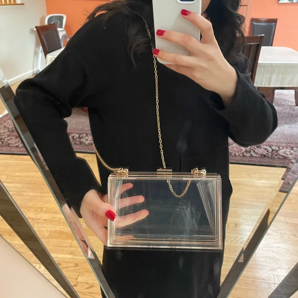 Clear Lucite Clutch With Gold Border - detachable crossbody chain - Picture 1 of 11